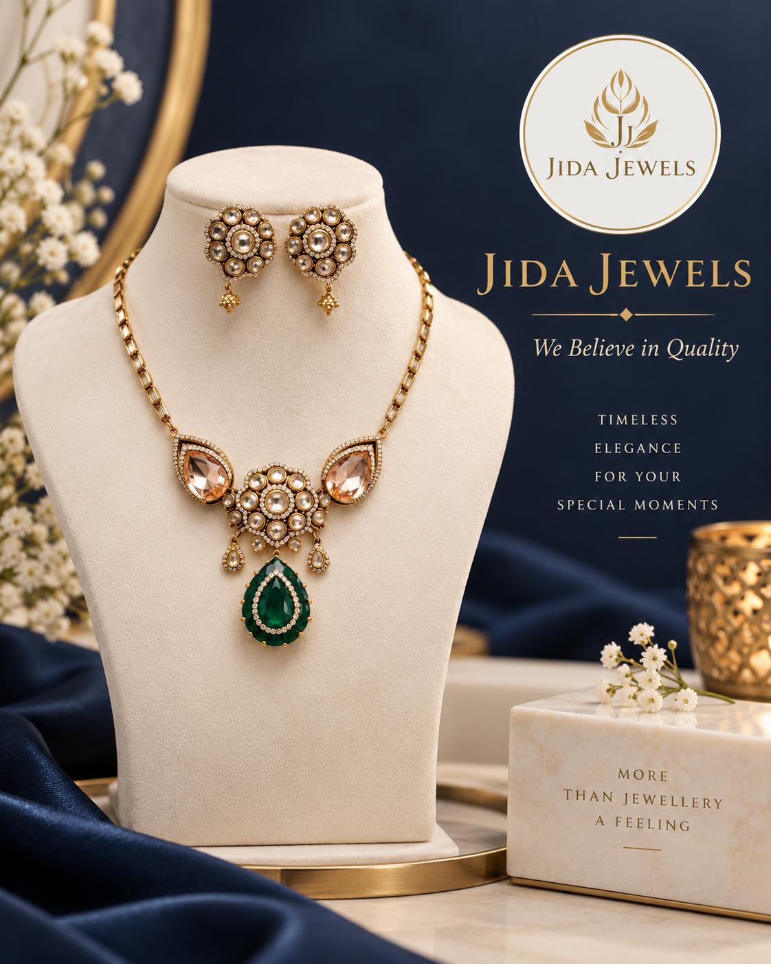 High End Gold Plated Jewelry Set with Monzonite Emerald and Champagne Stone