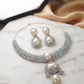 High End Mint Green Statement Necklace with Matching Drop Earrings Cubic Zarconia/ Pearl Designer