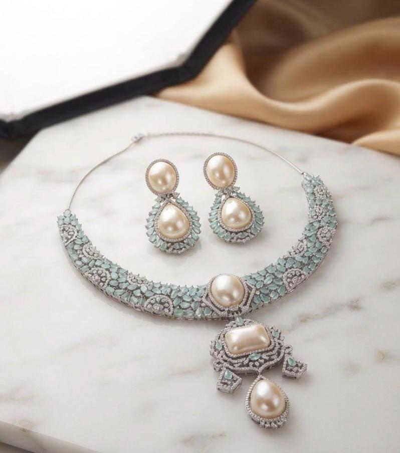 High End Mint Green Statement Necklace with Matching Drop Earrings Cubic Zarconia/ Pearl Designer