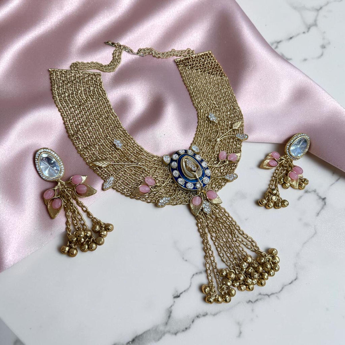 Statement Designer Choker/Necklace and Earrings Set Featuring Woven Chain