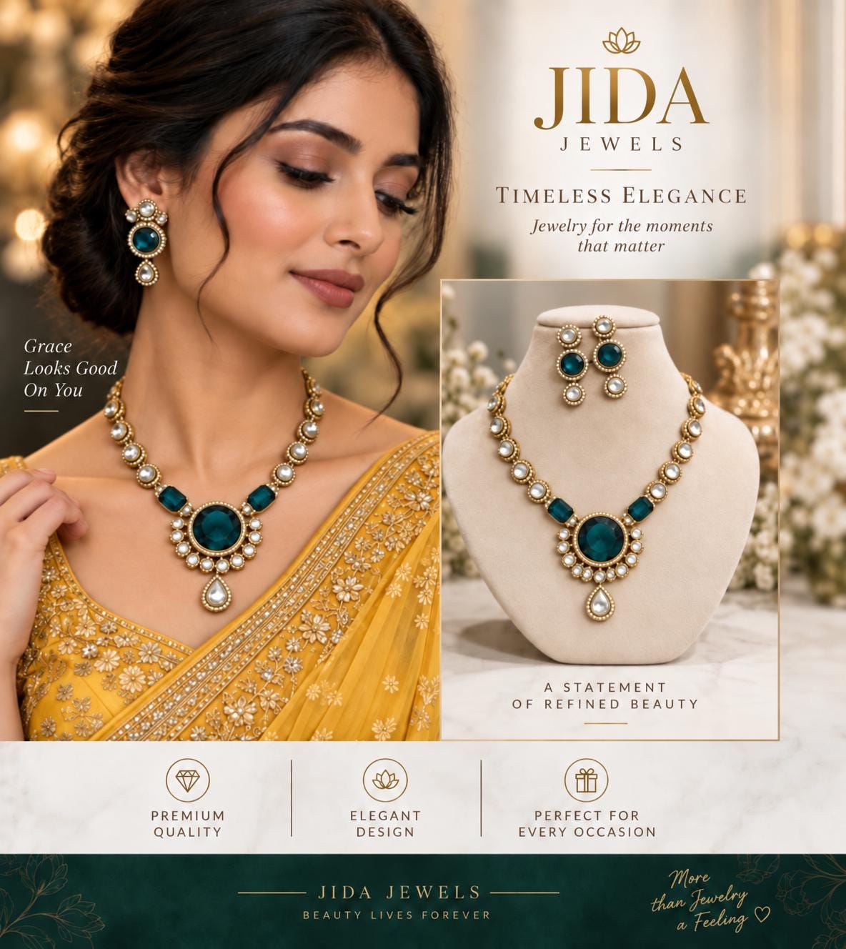Necklace Jewelry Set with Matching Teal Green Stone Earrings