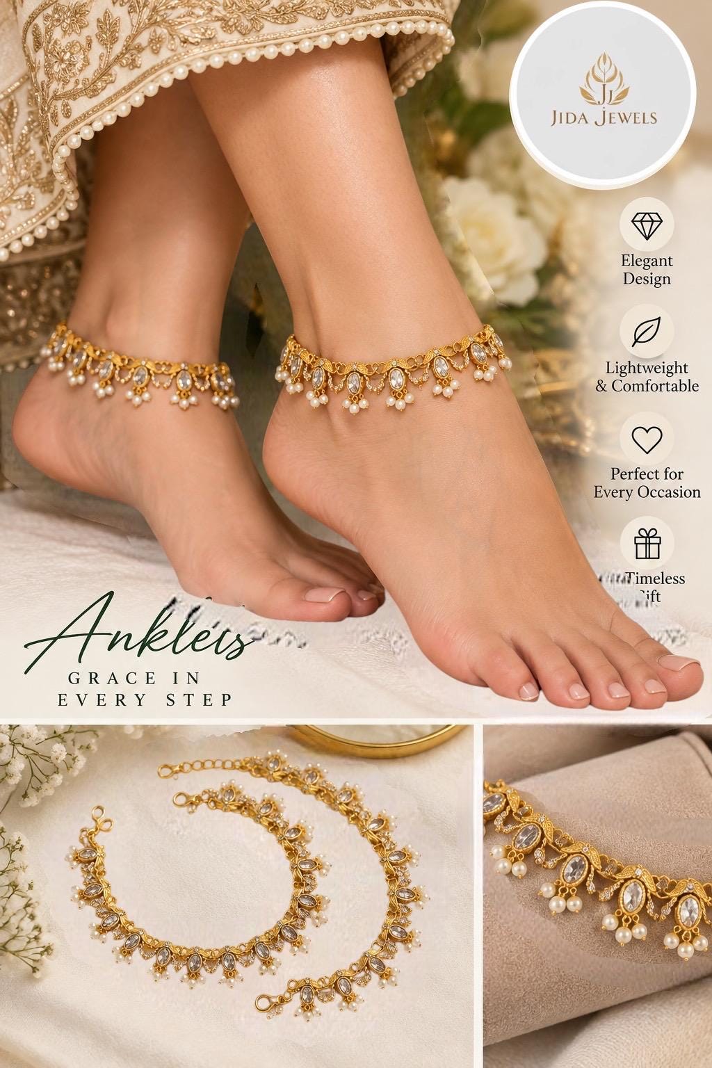 Graceful Glass Stone Anklet Featuring Gold Tone Finish