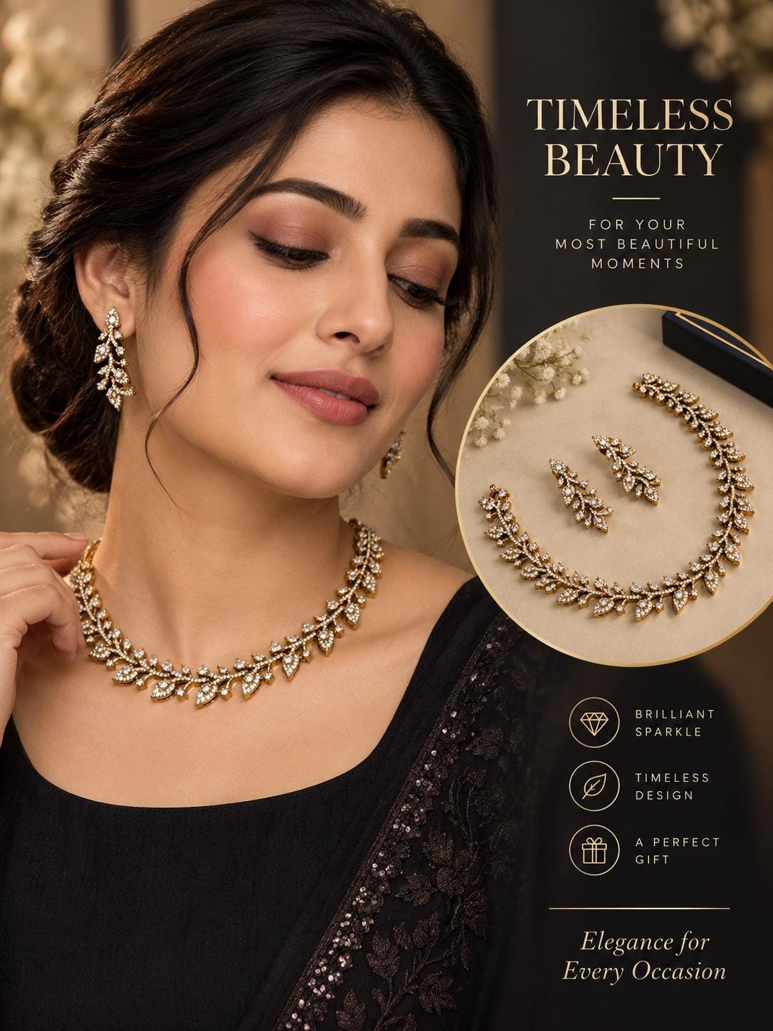 Elegant Antique Gold Finish Leaf Necklace and Earrings Set with Dazzling AD Stone Embellishment