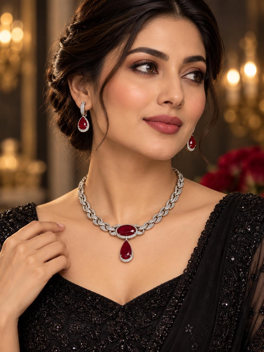 Elegant Designer Rare Red Necklace and Earrings Set With Intricate Micro AD Stones Link Design