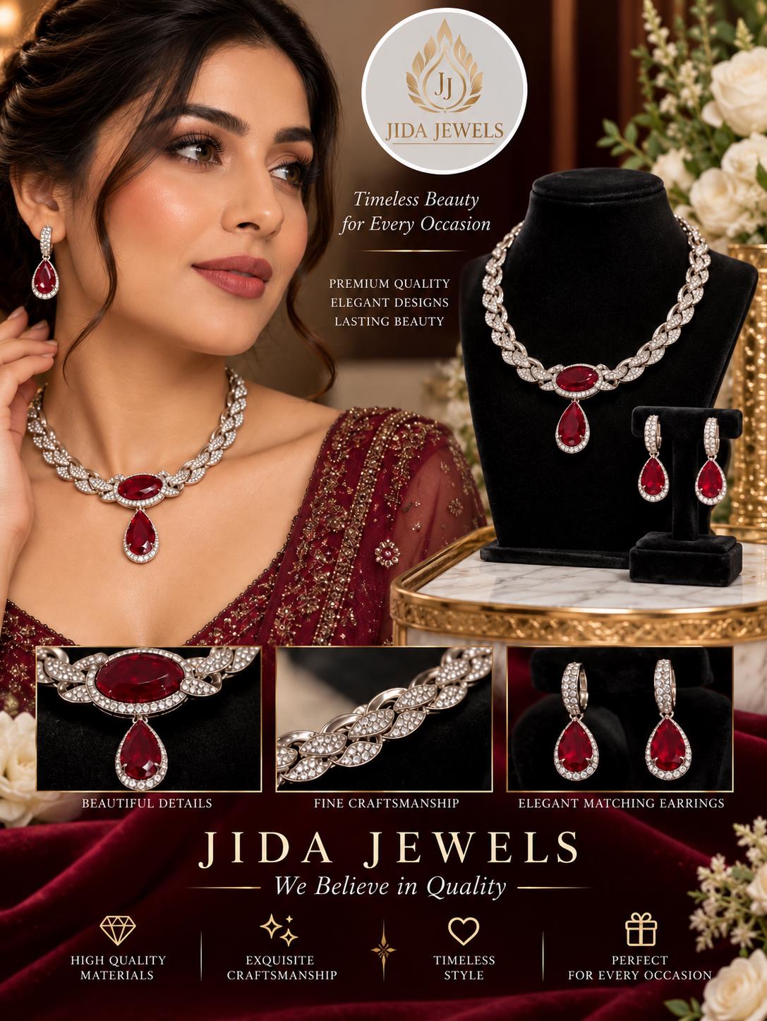 Elegant Designer Rare Red Necklace and Earrings Set With Intricate Micro AD Stones Link Design
