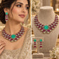 Bold Designer Rare Ruby Pink and Emerald Green Necklace Ensemble with Matching Statement Drop Earrings