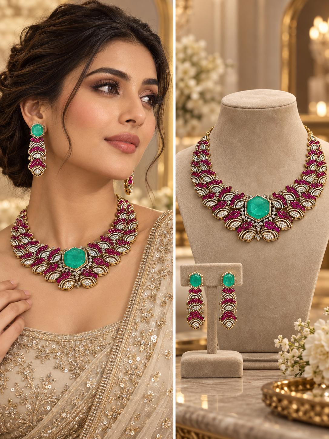 Bold Designer Rare Ruby Pink and Emerald Green Necklace Ensemble with Matching Statement Drop Earrings