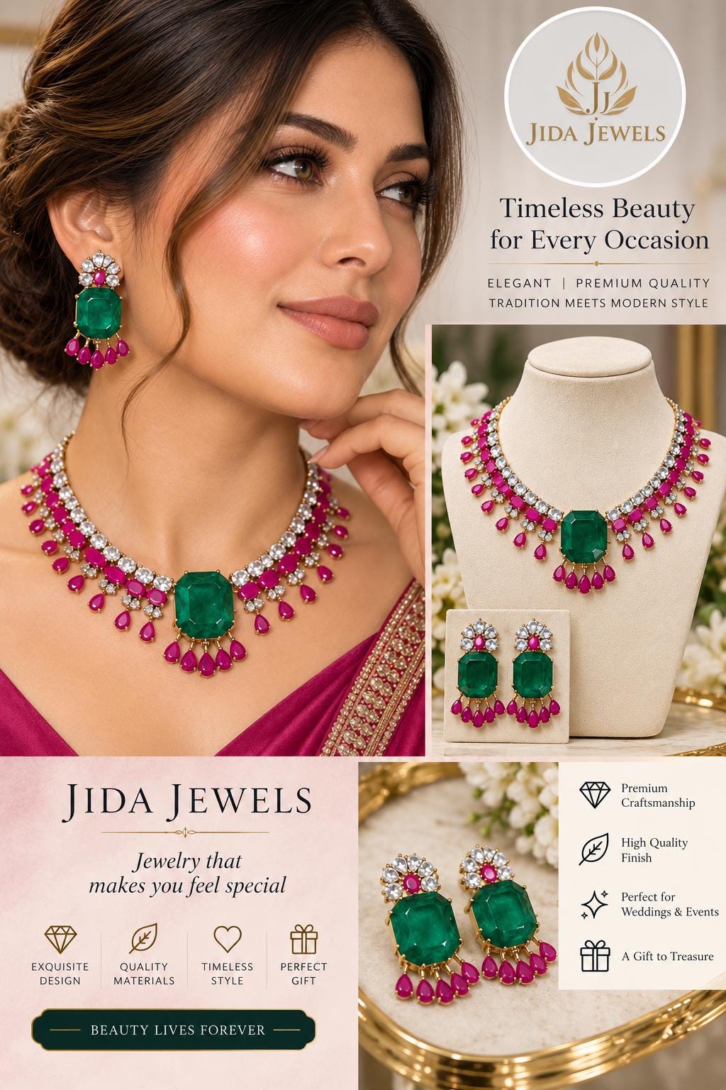 Ornate High End Emerald Green Jewelry with Ruby Pink Details in a Statement Necklace Set