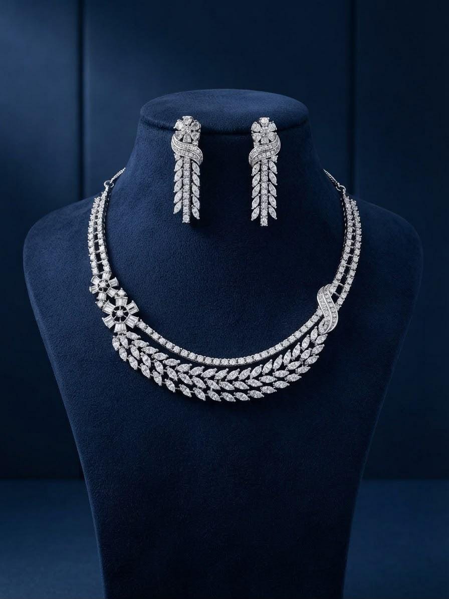 Brilliant Rhodium Finish Necklace Set with Cubic Zirconia Stones