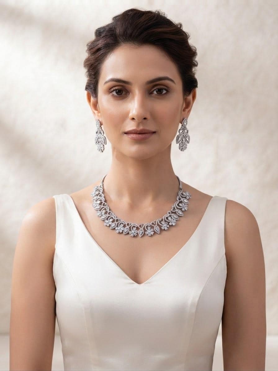 Sophisticated Sparkle Cubic Zirconia Rhodium Finish Necklace and Earrings