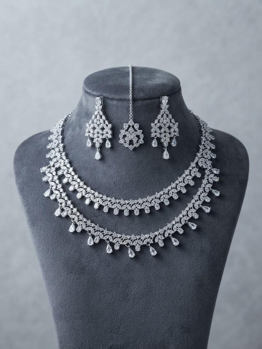 Graceful Cascade Rhodium Finish Necklace Set