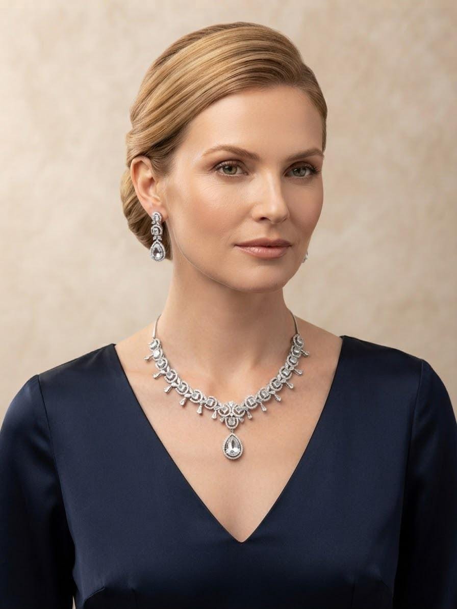 Regal Radiance Cubic Zirconia Jewelry Set with Rhodium Finish Statement Necklace Set