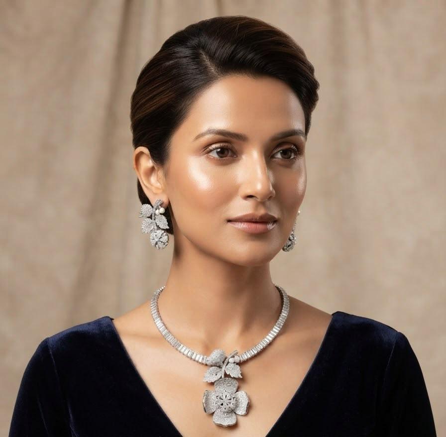 Graceful Splendor Cubic Zirconia Jewelry Set with Rhodium Finish Necklace and Earrings