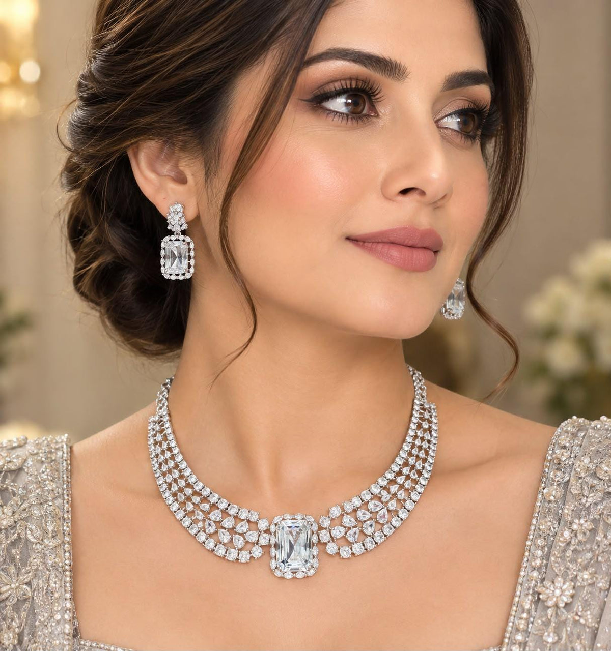 Rhodium Finish Choker Necklace Jewelry Set with Matching Emerald Cut Earrings
