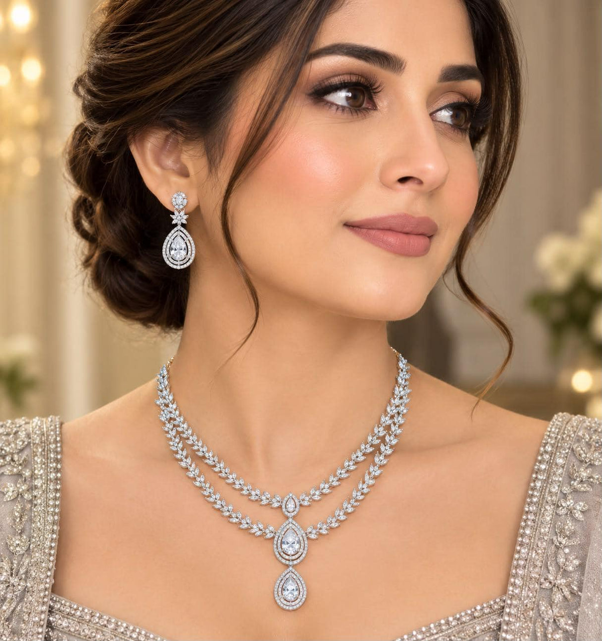 Cubic Zarconia High End Elegant Jewelry Set with Matching Teardrop Earrings