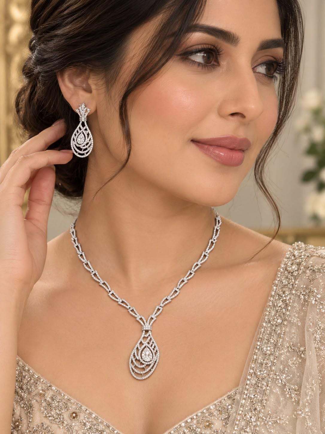 Woven Lattice Teardrop Statement Necklace and Earrings Set