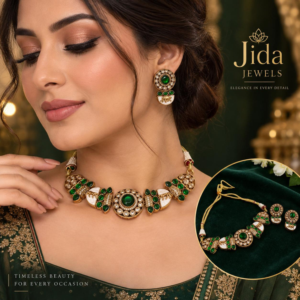 Kundan Choker Necklace Set – Emerald Green, Sabyasachi Inspired Indian Jewelry