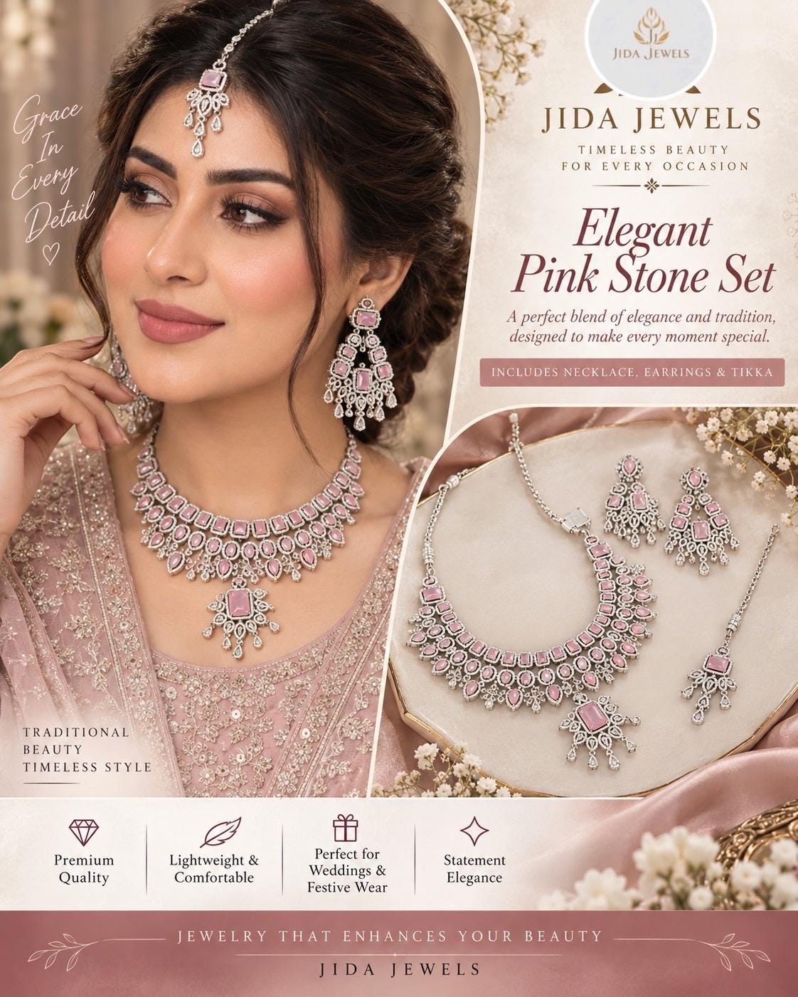 Blush Statement Necklace Set Layered CZ Bridal Jewelry Set Chandelier Earrings