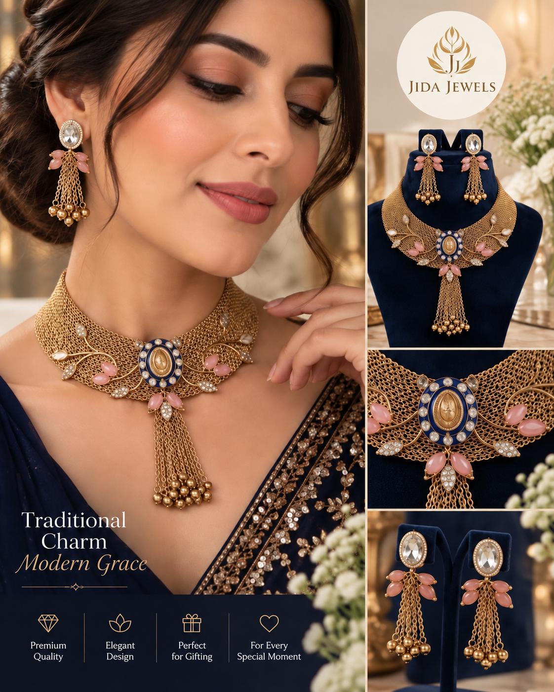 Statement Designer Choker/Necklace and Earrings Set Featuring Woven Chain