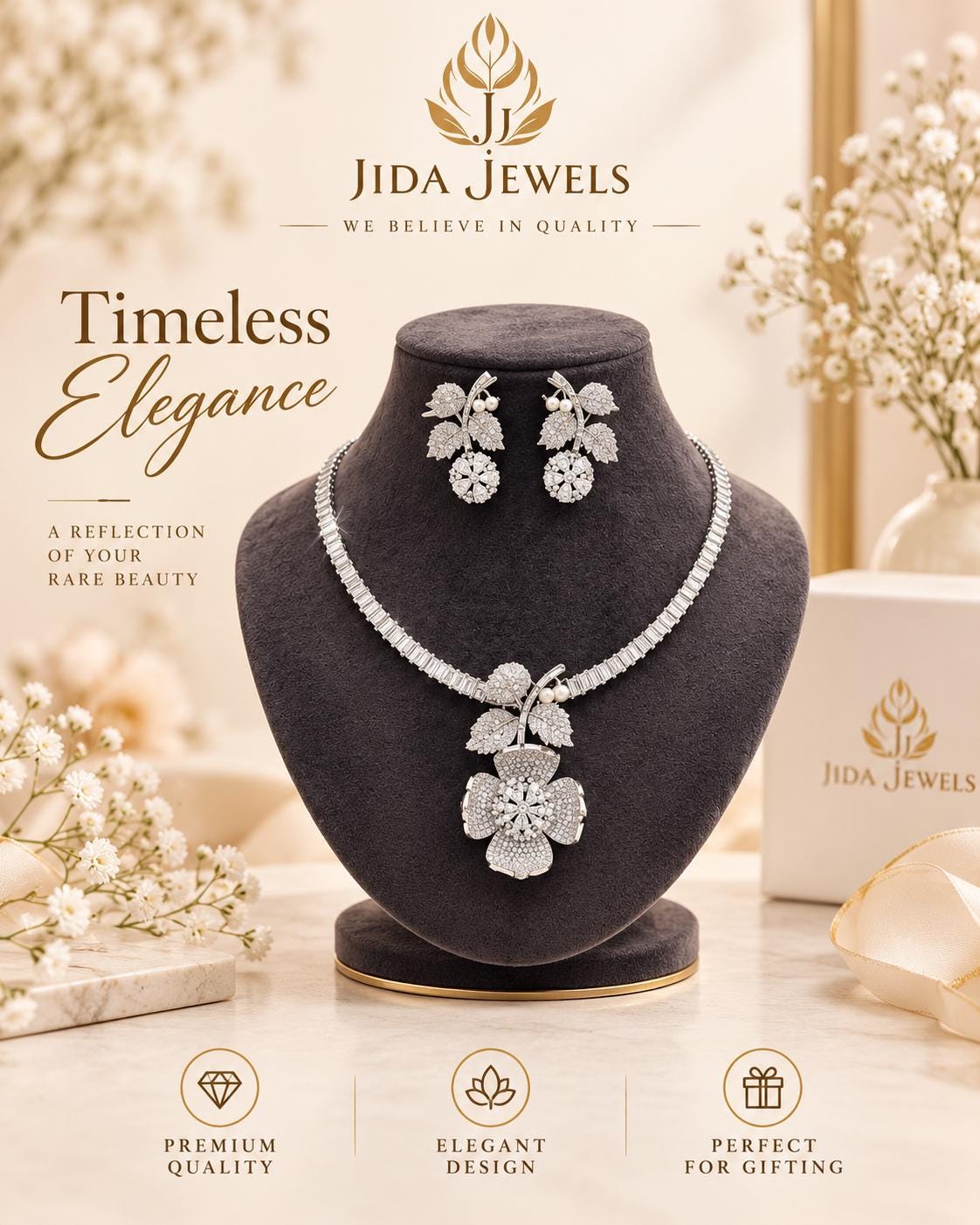 Graceful Splendor Cubic Zirconia Jewelry Set with Rhodium Finish Necklace and Earrings
