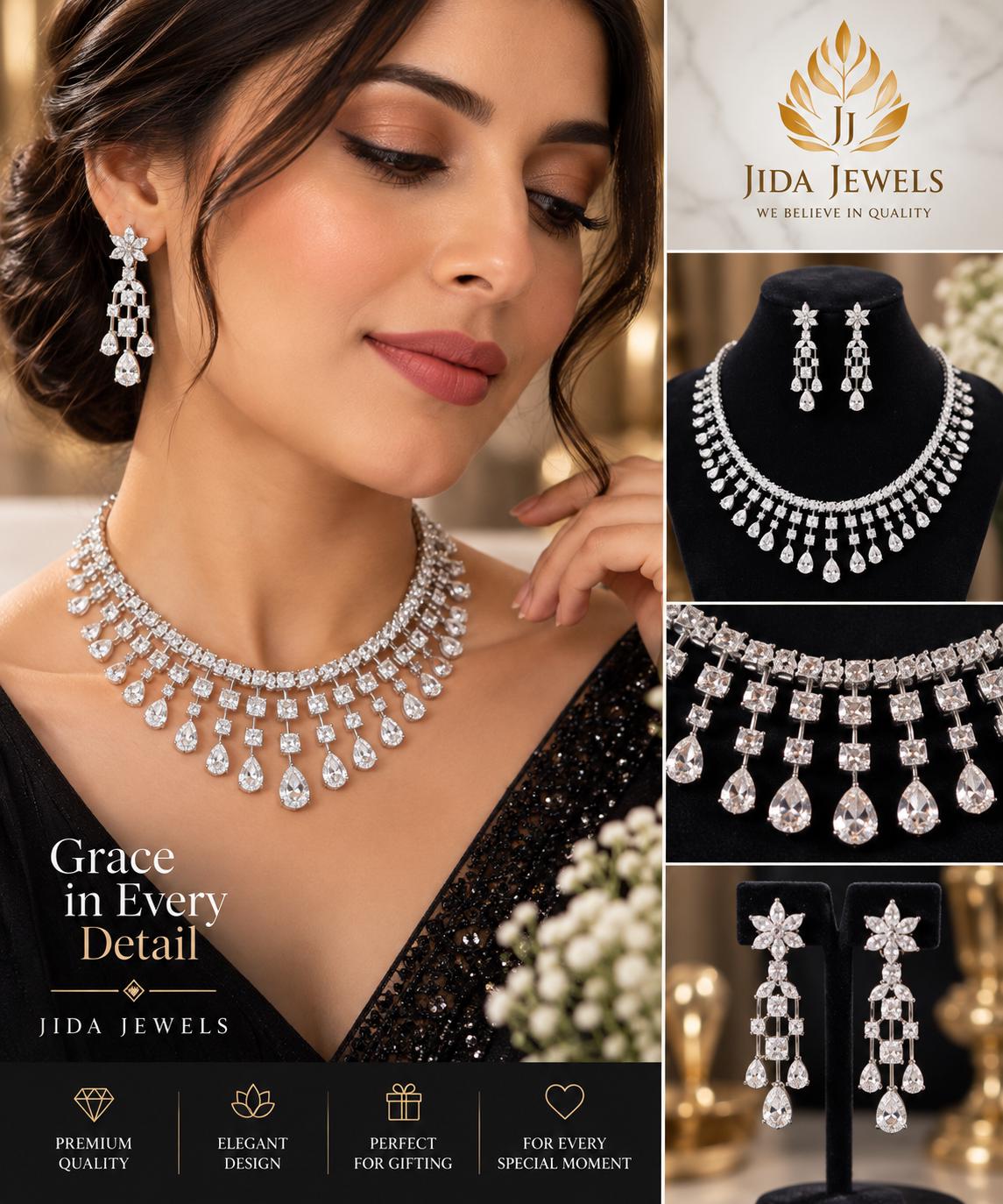 Luxury Cascading Cubic Zarconia Jewelry Set In Rhodium Finidh