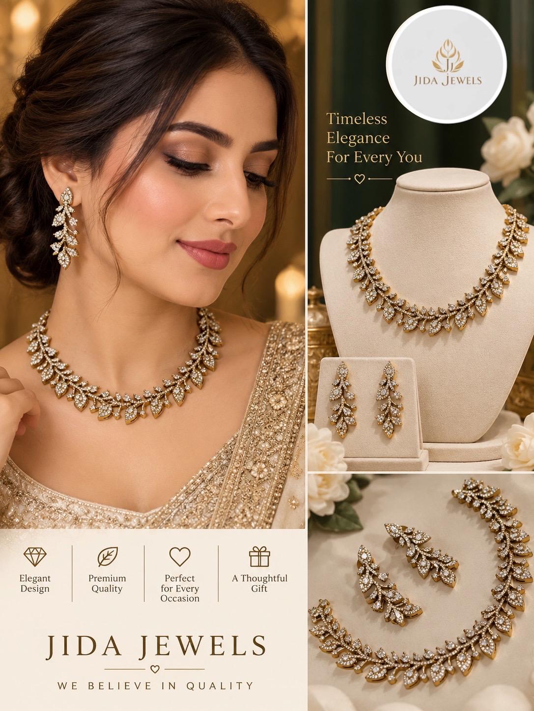 Elegant Antique Gold Finish Leaf Necklace and Earrings Set with Dazzling AD Stone Embellishment