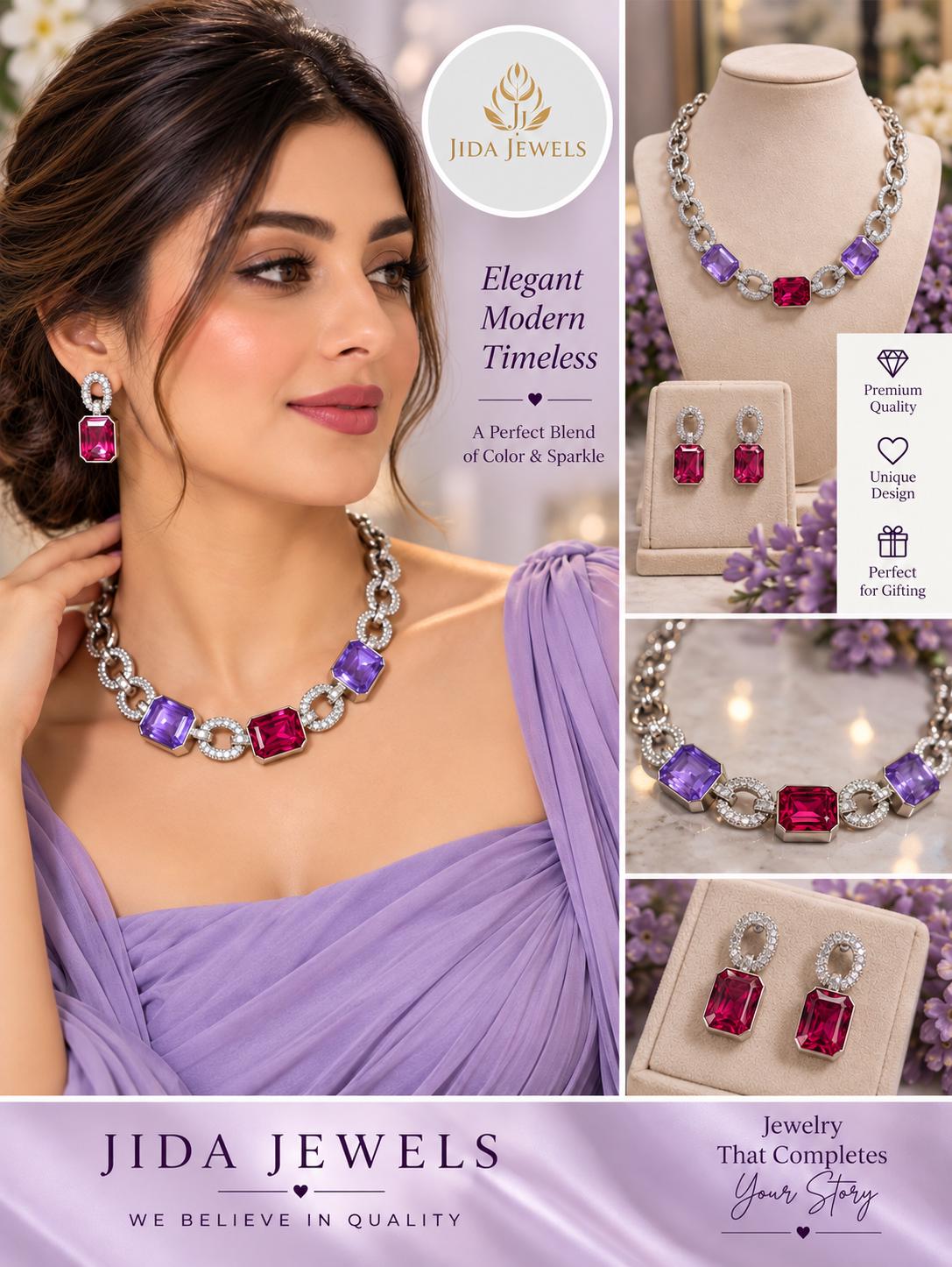 Rhodium Finish Rare Designer Necklace Set with Ruby Pink and Purple Micro Cz Stones for Styling