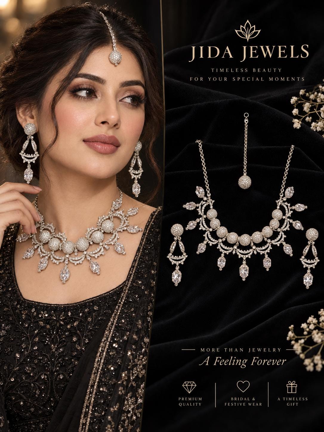 Scalloped Choker Set Featuring Coordinating Drop Earrings and Hair Tikka