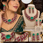 Bold Designer Rare Ruby Pink and Emerald Green Necklace Ensemble with Matching Statement Drop Earrings