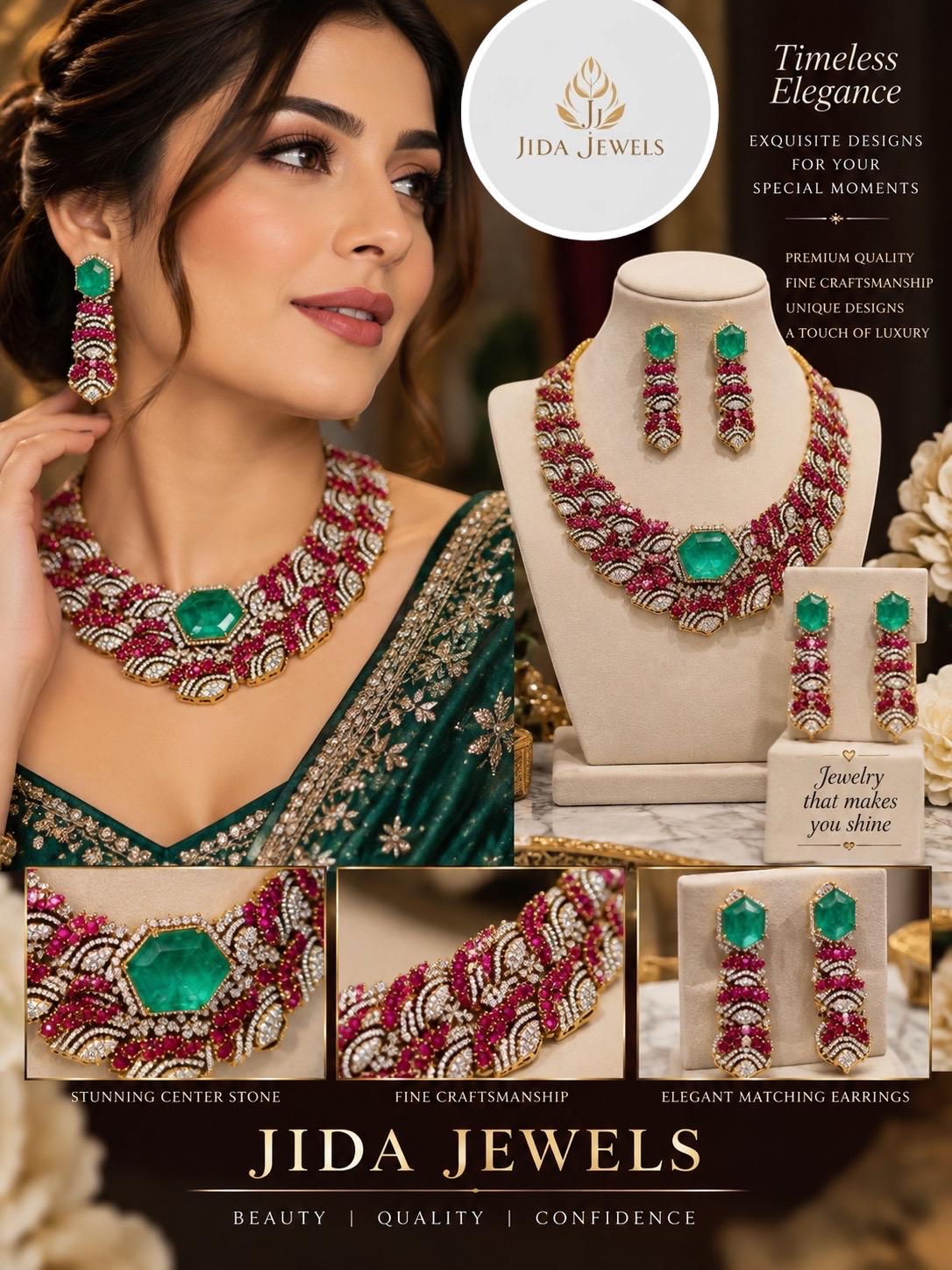Bold Designer Rare Ruby Pink and Emerald Green Necklace Ensemble with Matching Statement Drop Earrings