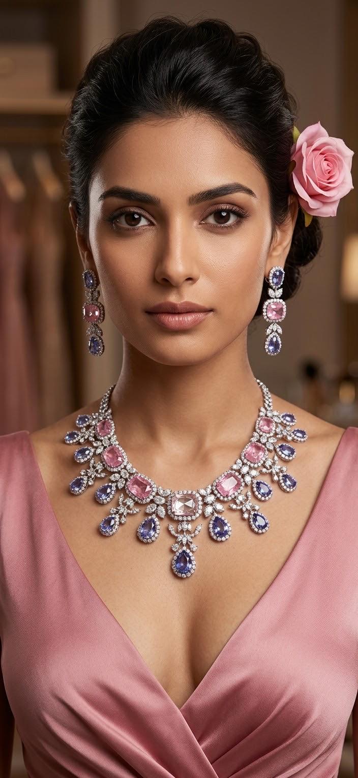 Luxury Statement Necklace with Blush Pink and Lilac Stone Details and Coordinating Drop Earrings