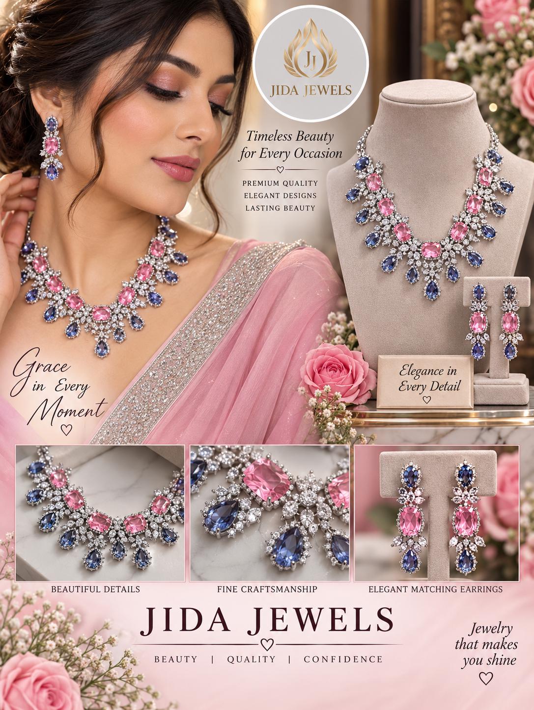 Luxury Statement Necklace with Blush Pink and Lilac Stone Details and Coordinating Drop Earrings