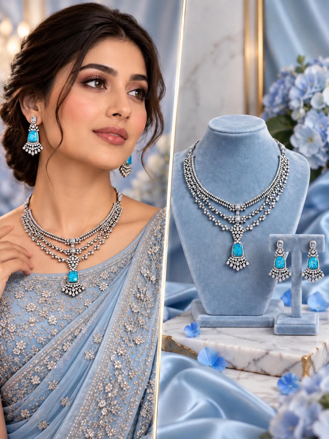 Elegant Highend Designer Victorian Finish Necklace and Earrings Set with Blue Center Marble Stones and Intricate Stones