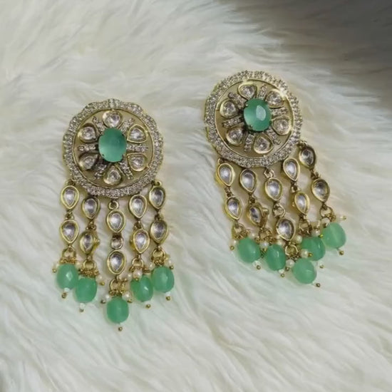 Bollywood Glam Kundan Dangle Earrings | Traditional Gold-Tone Jewelry