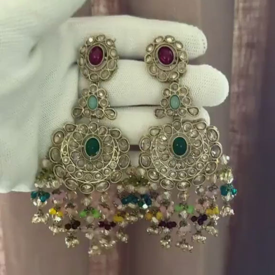 Traditional Gold Tone Chandbali Earrings with Multicolor Beads for Festivals