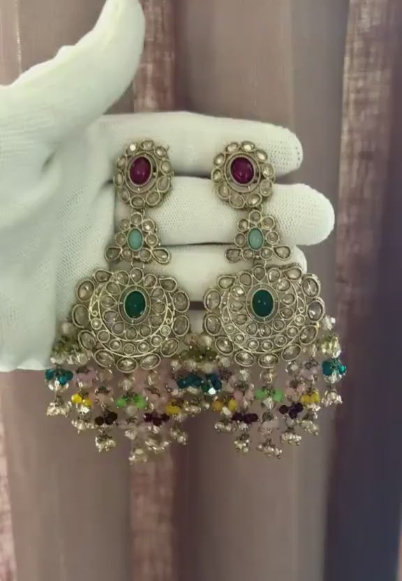 Traditional Gold Tone Chandbali Earrings with Multicolor Beads for Festivals