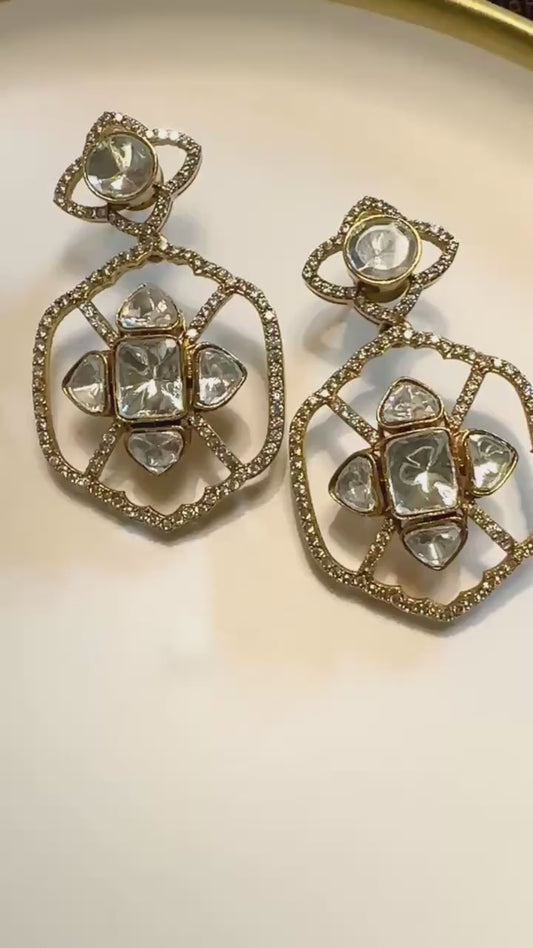 Bollywood Indian Designer monzonite medium length statement earrings gold finish,Victorian,Ad stones