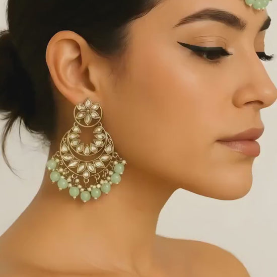 Kundan Jhumkas with Matching Mang Tika | Traditional mint green