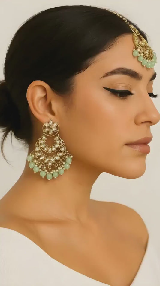 Kundan Jhumkas with Matching Mang Tika | Traditional mint green