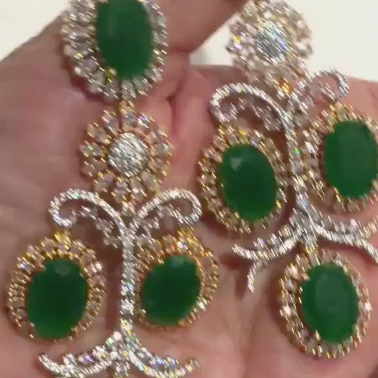 Emerald Green Chandelier Earrings, Gold Plated Statement Earrings