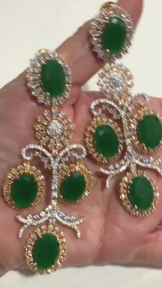 Emerald Green Chandelier Earrings, Gold Plated Statement Earrings