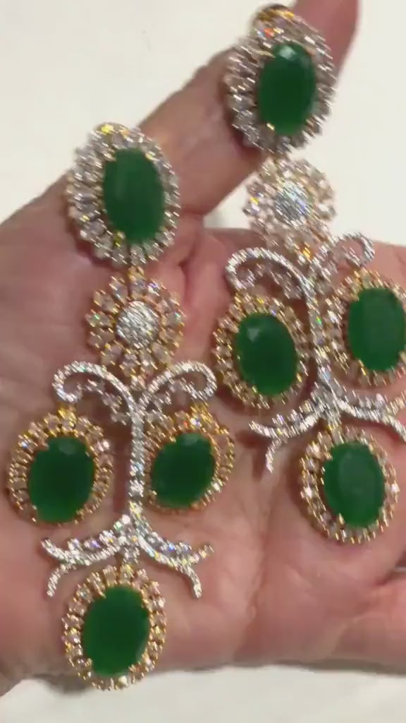 Emerald Green Chandelier Earrings, Gold Plated Statement Earrings