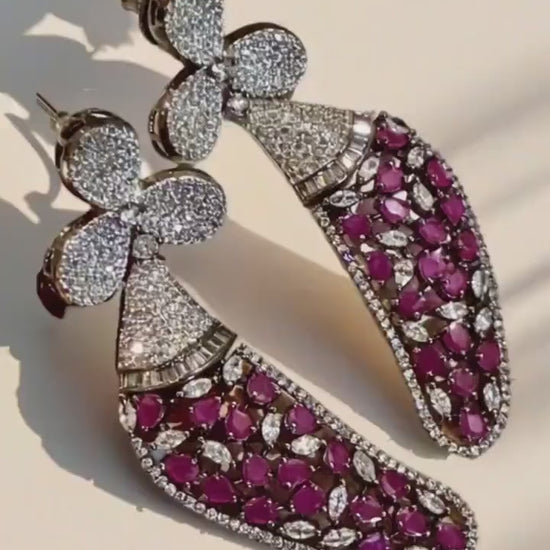 Ruby & Diamond Stones Designer Earrings | rhodium Plated Floral /CZ Stone.