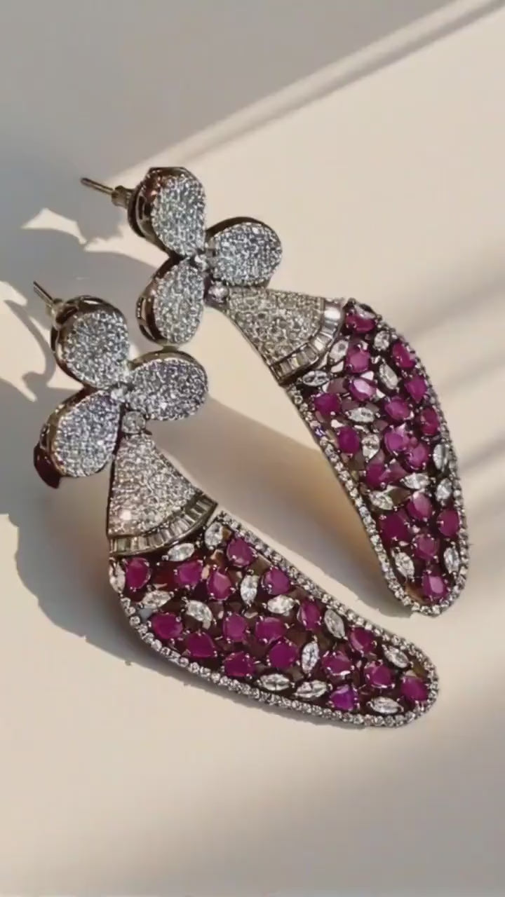 Ruby & Diamond Stones Designer Earrings | rhodium Plated Floral /CZ Stone.